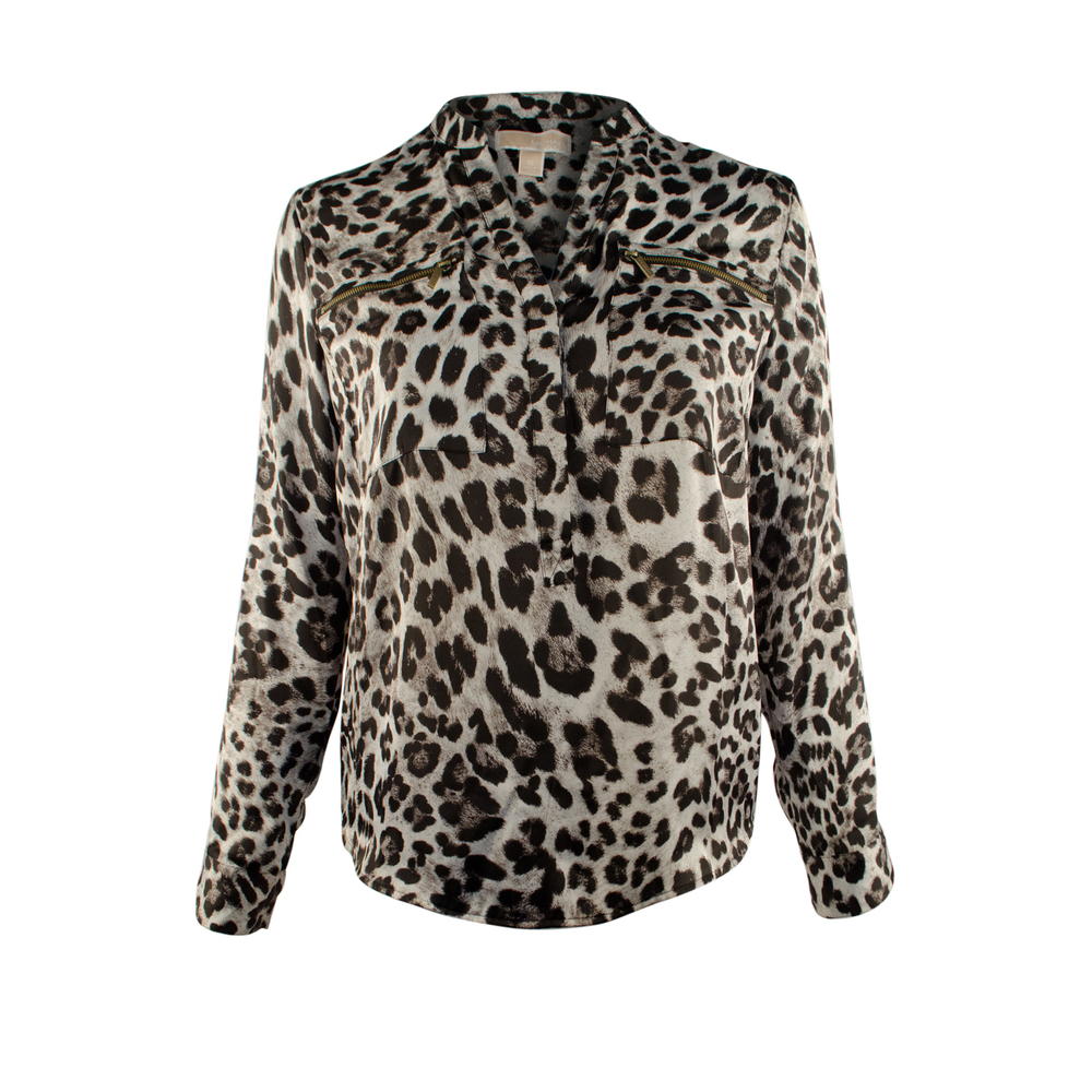 NWT Michael Kors Women's Animal Print Zipper Pocket Blouse BW XX-Small $89.5